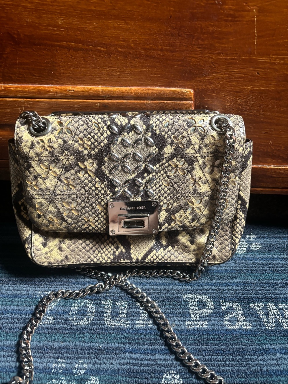 Michael Kors Yellow Snake-Print Shoulder Bag with Silver Chain